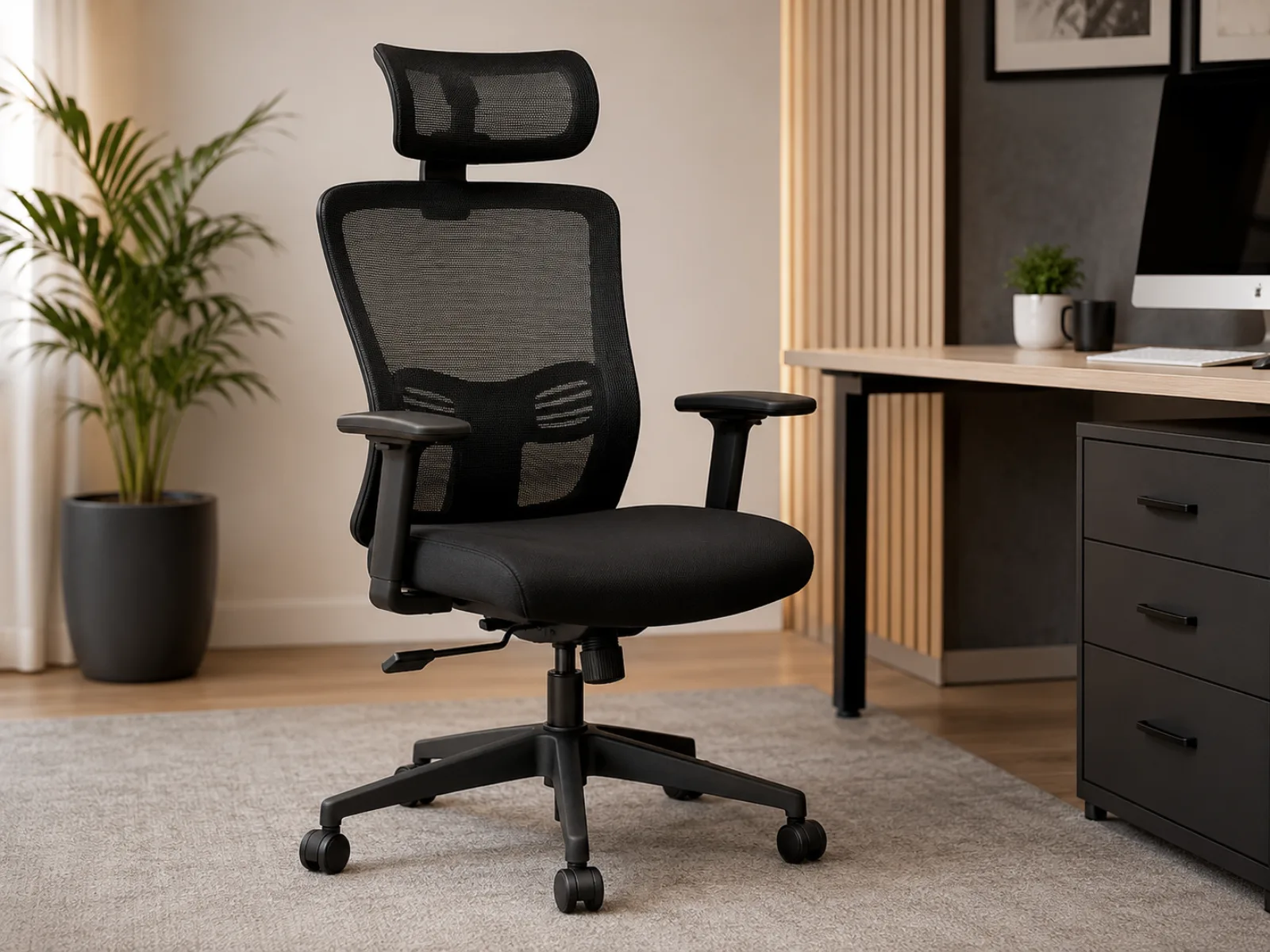 Modern black ergonomic office chair for comfortable home and office workspace
