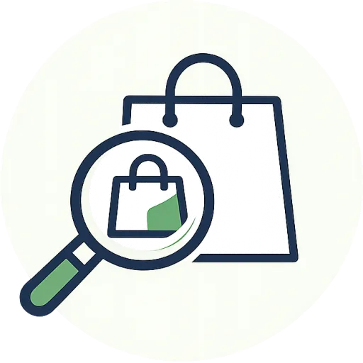 Free Product Discovery icon showing a magnifying glass and shopping bag