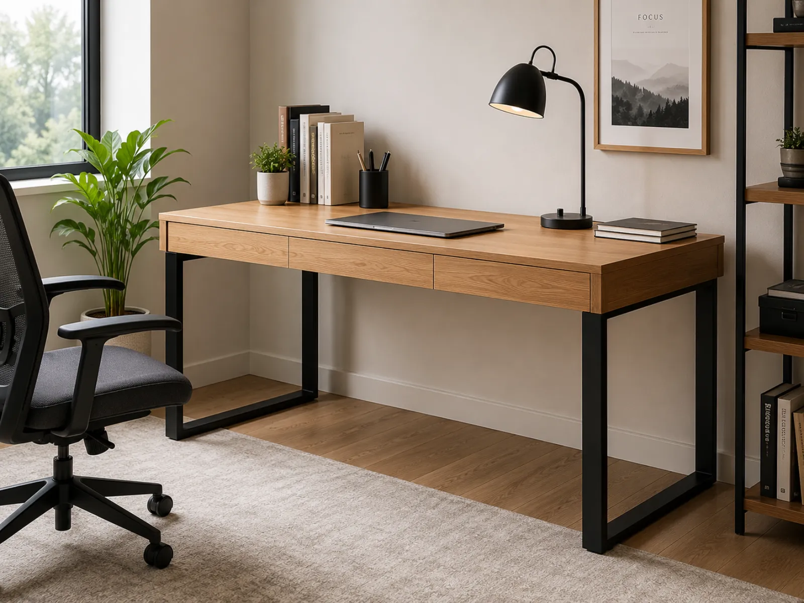 Minimal wooden study and work desk for productive home office setup
