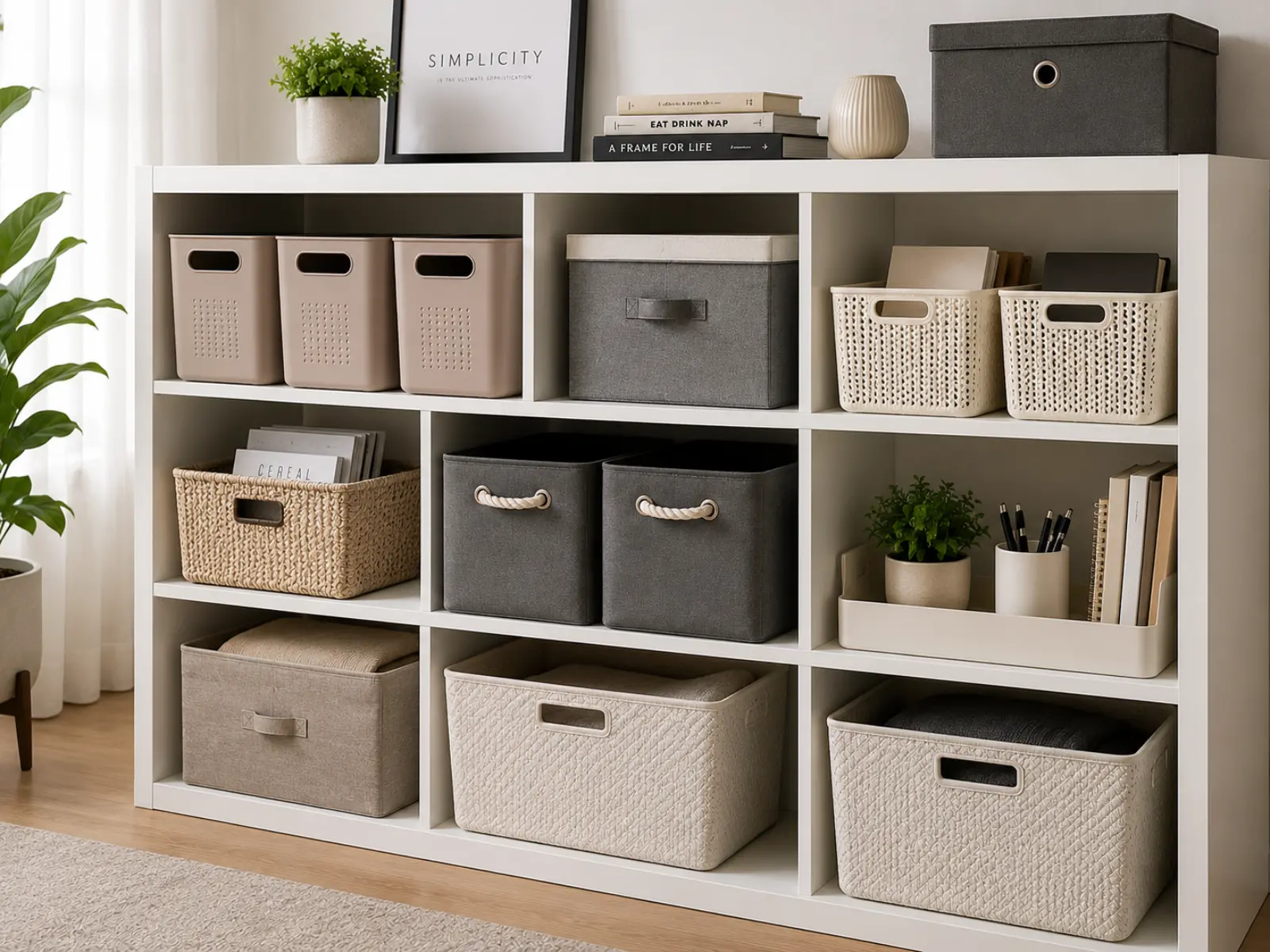Stylish modular storage organizer with bins for home and office organization