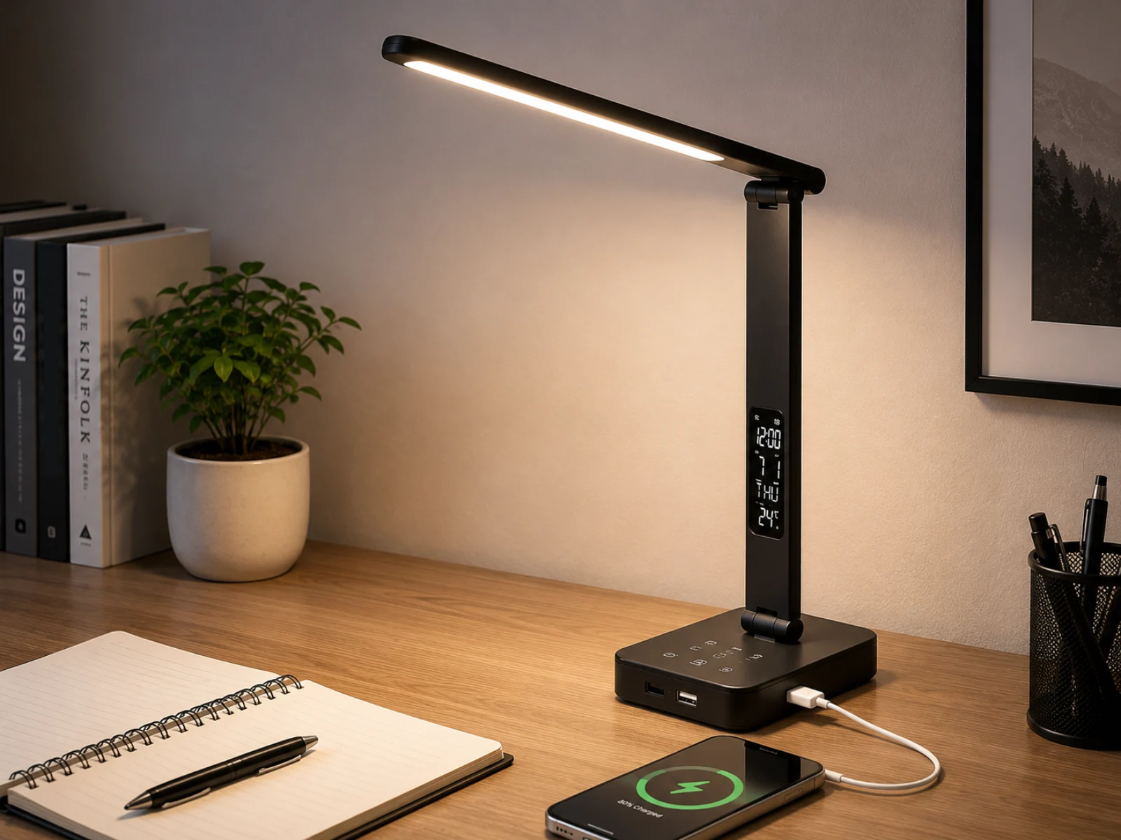 Smart LED desk lamp with adjustable brightness and USB charging