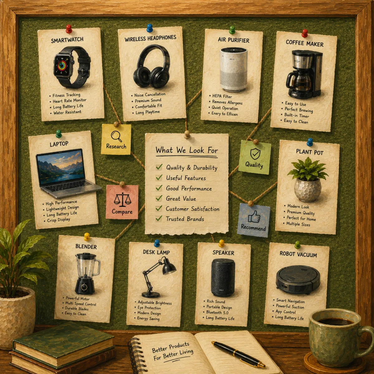 Product research board with pinned product comparisons, buying notes and everyday home and office utility items representing the NestivoSpace product selection process.