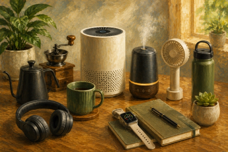 Oil painting of smart home and office products including headphone, smartwatch, coffee mug, hand grinder, air purifier, notebook and desk accessories
