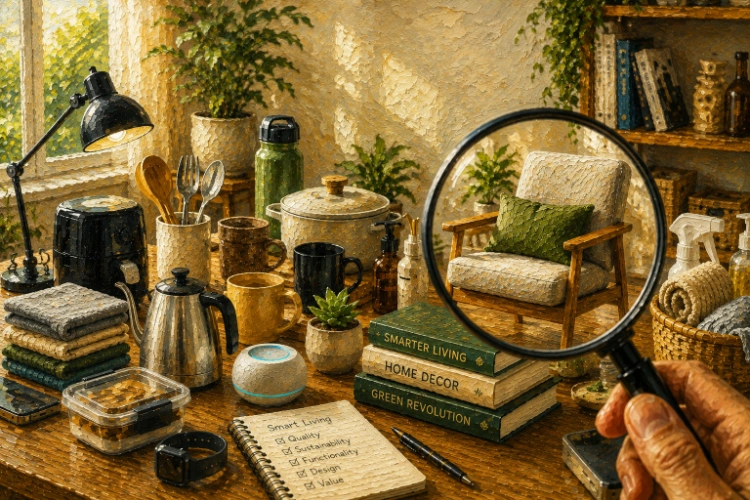Oil painting illustration of smart home, office and kitchen products with a magnifying glass highlighting quality product search.